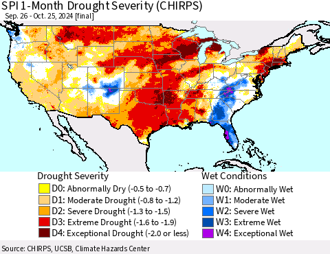 United States SPI 1-Month Drought Severity (CHIRPS) Thematic Map For 9/26/2024 - 10/25/2024