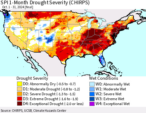 United States SPI 1-Month Drought Severity (CHIRPS) Thematic Map For 10/1/2024 - 10/31/2024