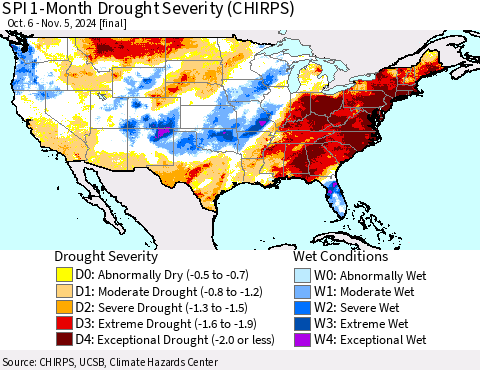 United States SPI 1-Month Drought Severity (CHIRPS) Thematic Map For 10/6/2024 - 11/5/2024