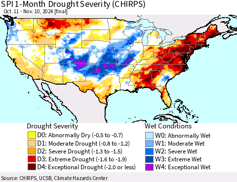 United States SPI 1-Month Drought Severity (CHIRPS) Thematic Map For 10/11/2024 - 11/10/2024
