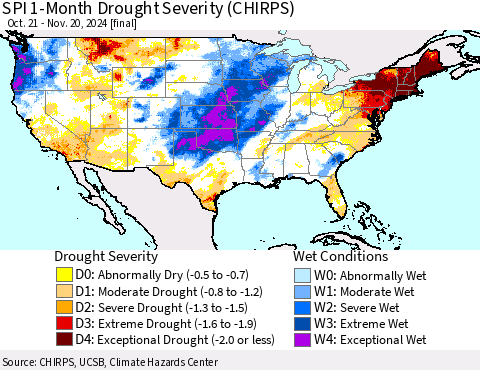 United States SPI 1-Month Drought Severity (CHIRPS) Thematic Map For 10/21/2024 - 11/20/2024