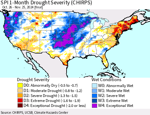United States SPI 1-Month Drought Severity (CHIRPS) Thematic Map For 10/26/2024 - 11/25/2024