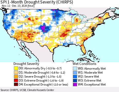United States SPI 1-Month Drought Severity (CHIRPS) Thematic Map For 11/11/2024 - 12/10/2024