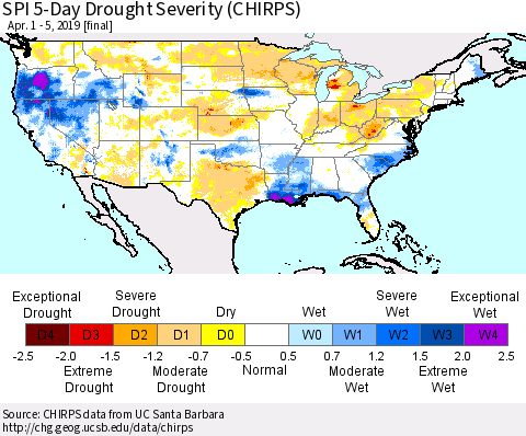 United States SPI 5-Day Drought Severity (CHIRPS) Thematic Map For 4/1/2019 - 4/5/2019
