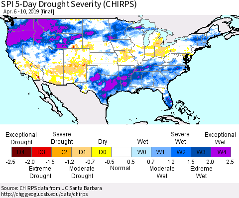 United States SPI 5-Day Drought Severity (CHIRPS) Thematic Map For 4/6/2019 - 4/10/2019