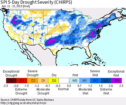 United States SPI 5-Day Drought Severity (CHIRPS) Thematic Map For 4/11/2019 - 4/15/2019