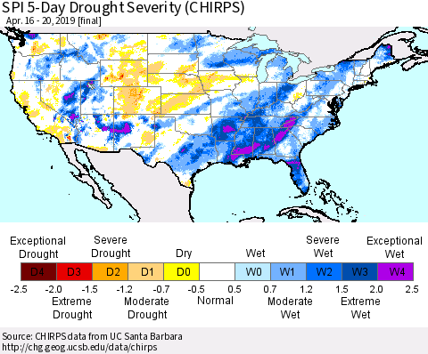 United States SPI 5-Day Drought Severity (CHIRPS) Thematic Map For 4/16/2019 - 4/20/2019