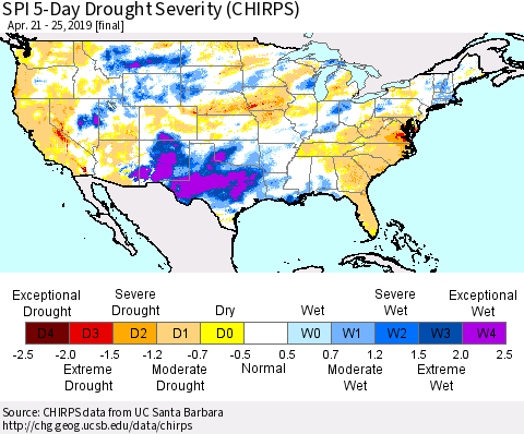 United States SPI 5-Day Drought Severity (CHIRPS) Thematic Map For 4/21/2019 - 4/25/2019