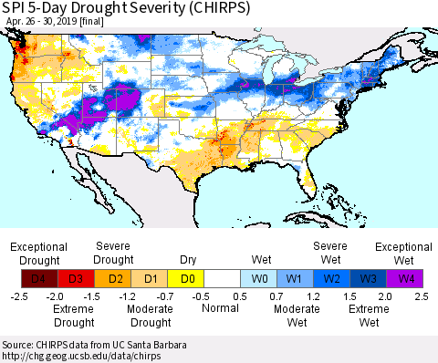United States SPI 5-Day Drought Severity (CHIRPS) Thematic Map For 4/26/2019 - 4/30/2019