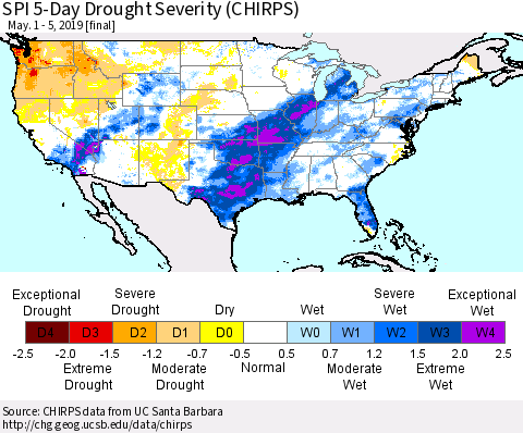 United States SPI 5-Day Drought Severity (CHIRPS) Thematic Map For 5/1/2019 - 5/5/2019