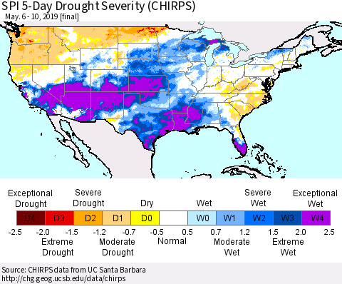United States SPI 5-Day Drought Severity (CHIRPS) Thematic Map For 5/6/2019 - 5/10/2019
