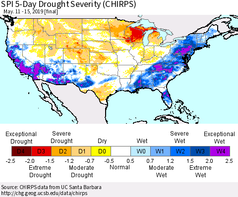 United States SPI 5-Day Drought Severity (CHIRPS) Thematic Map For 5/11/2019 - 5/15/2019