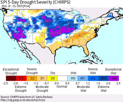 United States SPI 5-Day Drought Severity (CHIRPS) Thematic Map For 5/21/2019 - 5/25/2019