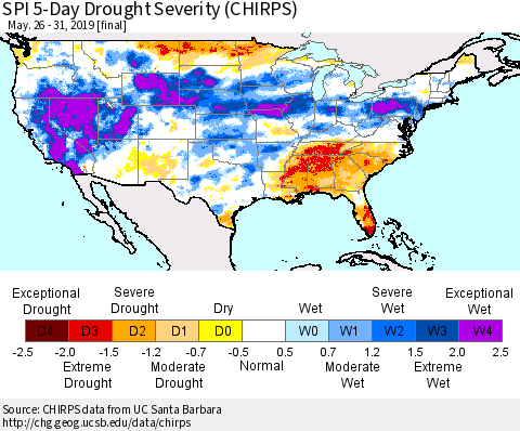 United States SPI 5-Day Drought Severity (CHIRPS) Thematic Map For 5/26/2019 - 5/31/2019