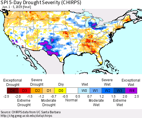 United States SPI 5-Day Drought Severity (CHIRPS) Thematic Map For 6/1/2019 - 6/5/2019