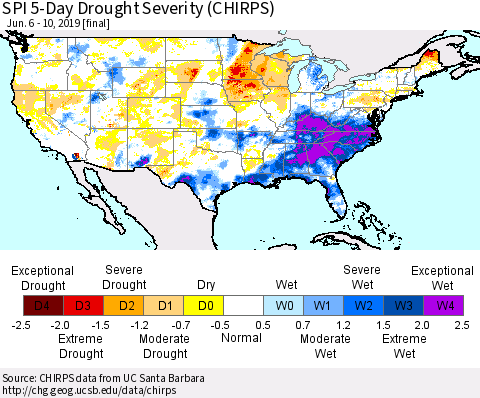 United States SPI 5-Day Drought Severity (CHIRPS) Thematic Map For 6/6/2019 - 6/10/2019