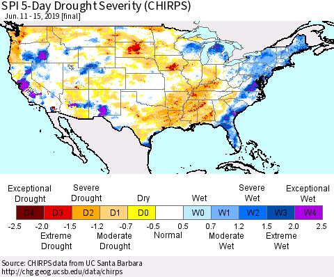 United States SPI 5-Day Drought Severity (CHIRPS) Thematic Map For 6/11/2019 - 6/15/2019
