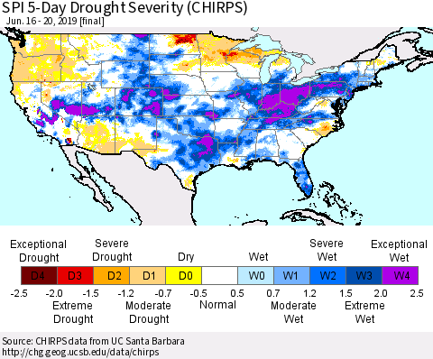 United States SPI 5-Day Drought Severity (CHIRPS) Thematic Map For 6/16/2019 - 6/20/2019