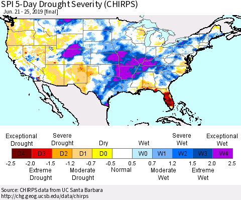 United States SPI 5-Day Drought Severity (CHIRPS) Thematic Map For 6/21/2019 - 6/25/2019