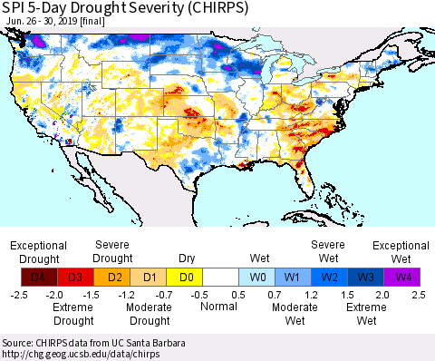 United States SPI 5-Day Drought Severity (CHIRPS) Thematic Map For 6/26/2019 - 6/30/2019