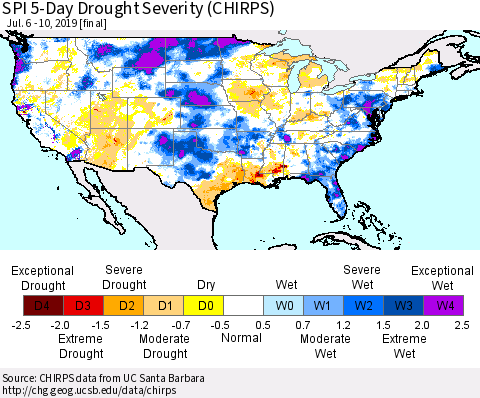 United States SPI 5-Day Drought Severity (CHIRPS) Thematic Map For 7/6/2019 - 7/10/2019
