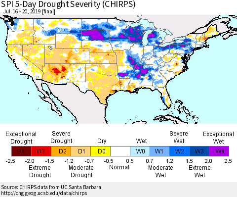 United States SPI 5-Day Drought Severity (CHIRPS) Thematic Map For 7/16/2019 - 7/20/2019