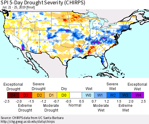 United States SPI 5-Day Drought Severity (CHIRPS) Thematic Map For 7/21/2019 - 7/25/2019