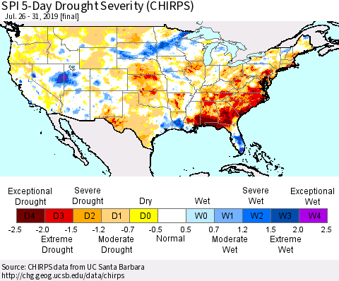 United States SPI 5-Day Drought Severity (CHIRPS) Thematic Map For 7/26/2019 - 7/31/2019