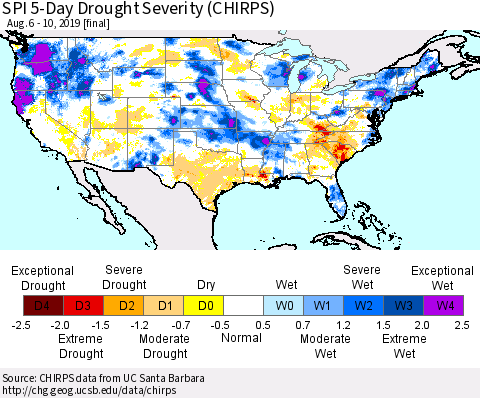United States SPI 5-Day Drought Severity (CHIRPS) Thematic Map For 8/6/2019 - 8/10/2019