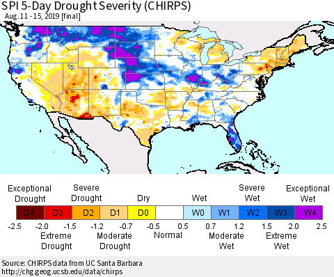 United States SPI 5-Day Drought Severity (CHIRPS) Thematic Map For 8/11/2019 - 8/15/2019