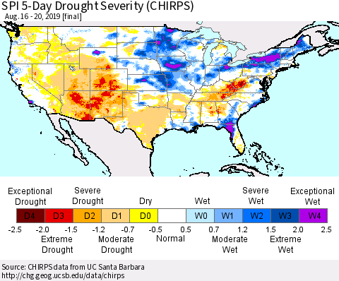 United States SPI 5-Day Drought Severity (CHIRPS) Thematic Map For 8/16/2019 - 8/20/2019
