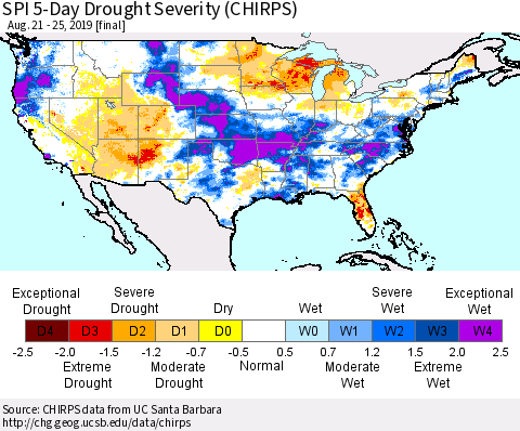United States SPI 5-Day Drought Severity (CHIRPS) Thematic Map For 8/21/2019 - 8/25/2019