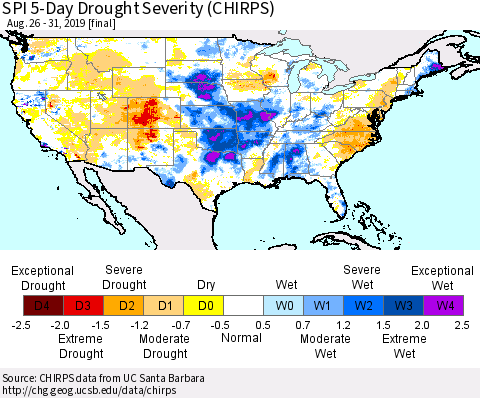 United States SPI 5-Day Drought Severity (CHIRPS) Thematic Map For 8/26/2019 - 8/31/2019