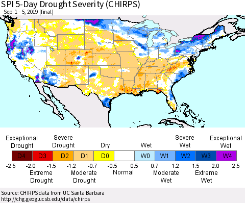 United States SPI 5-Day Drought Severity (CHIRPS) Thematic Map For 9/1/2019 - 9/5/2019