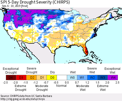 United States SPI 5-Day Drought Severity (CHIRPS) Thematic Map For 9/6/2019 - 9/10/2019