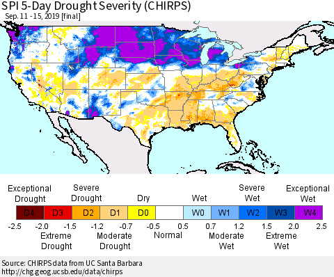 United States SPI 5-Day Drought Severity (CHIRPS) Thematic Map For 9/11/2019 - 9/15/2019