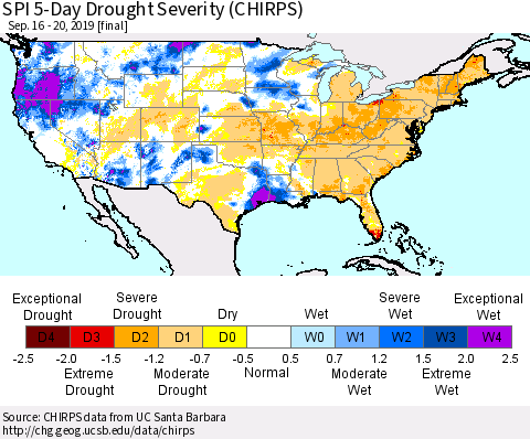 United States SPI 5-Day Drought Severity (CHIRPS) Thematic Map For 9/16/2019 - 9/20/2019