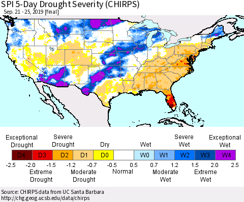 United States SPI 5-Day Drought Severity (CHIRPS) Thematic Map For 9/21/2019 - 9/25/2019