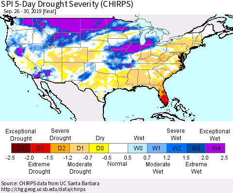 United States SPI 5-Day Drought Severity (CHIRPS) Thematic Map For 9/26/2019 - 9/30/2019