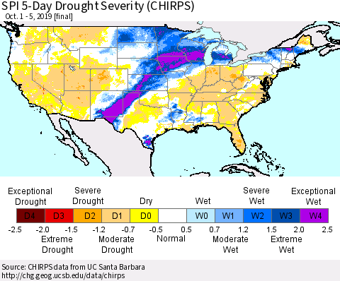 United States SPI 5-Day Drought Severity (CHIRPS) Thematic Map For 10/1/2019 - 10/5/2019