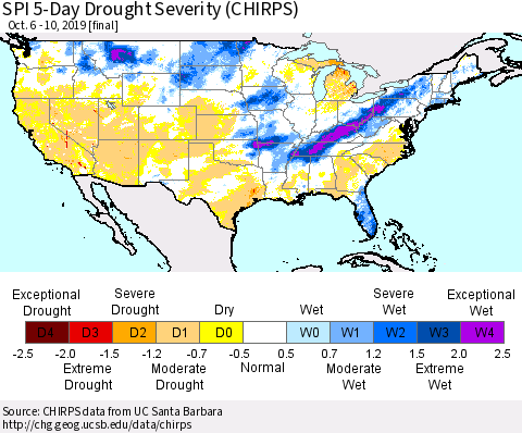 United States SPI 5-Day Drought Severity (CHIRPS) Thematic Map For 10/6/2019 - 10/10/2019