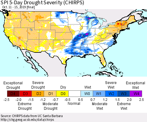 United States SPI 5-Day Drought Severity (CHIRPS) Thematic Map For 10/11/2019 - 10/15/2019
