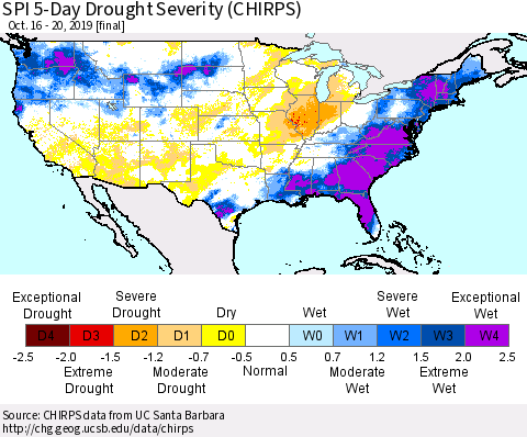 United States SPI 5-Day Drought Severity (CHIRPS) Thematic Map For 10/16/2019 - 10/20/2019