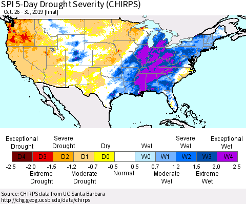United States SPI 5-Day Drought Severity (CHIRPS) Thematic Map For 10/26/2019 - 10/31/2019