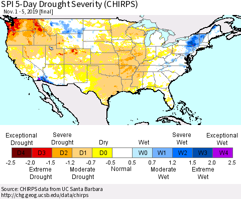 United States SPI 5-Day Drought Severity (CHIRPS) Thematic Map For 11/1/2019 - 11/5/2019