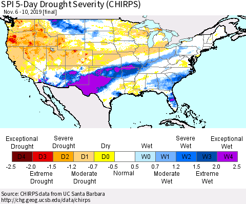United States SPI 5-Day Drought Severity (CHIRPS) Thematic Map For 11/6/2019 - 11/10/2019