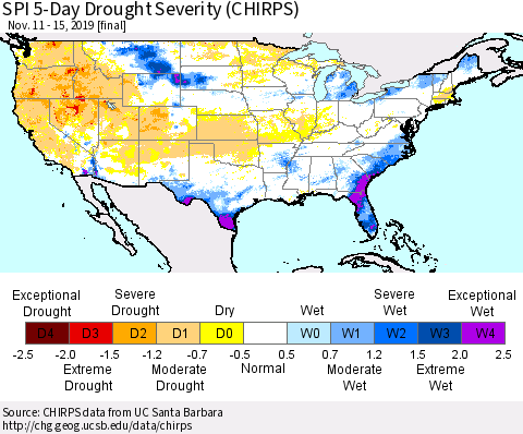 United States SPI 5-Day Drought Severity (CHIRPS) Thematic Map For 11/11/2019 - 11/15/2019