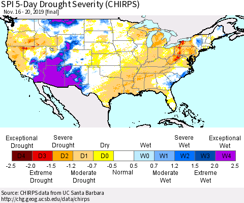 United States SPI 5-Day Drought Severity (CHIRPS) Thematic Map For 11/16/2019 - 11/20/2019