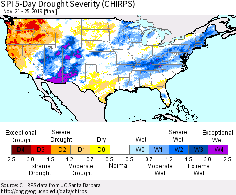 United States SPI 5-Day Drought Severity (CHIRPS) Thematic Map For 11/21/2019 - 11/25/2019