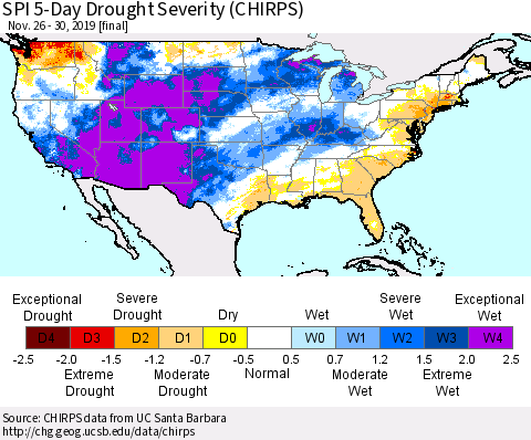 United States SPI 5-Day Drought Severity (CHIRPS) Thematic Map For 11/26/2019 - 11/30/2019